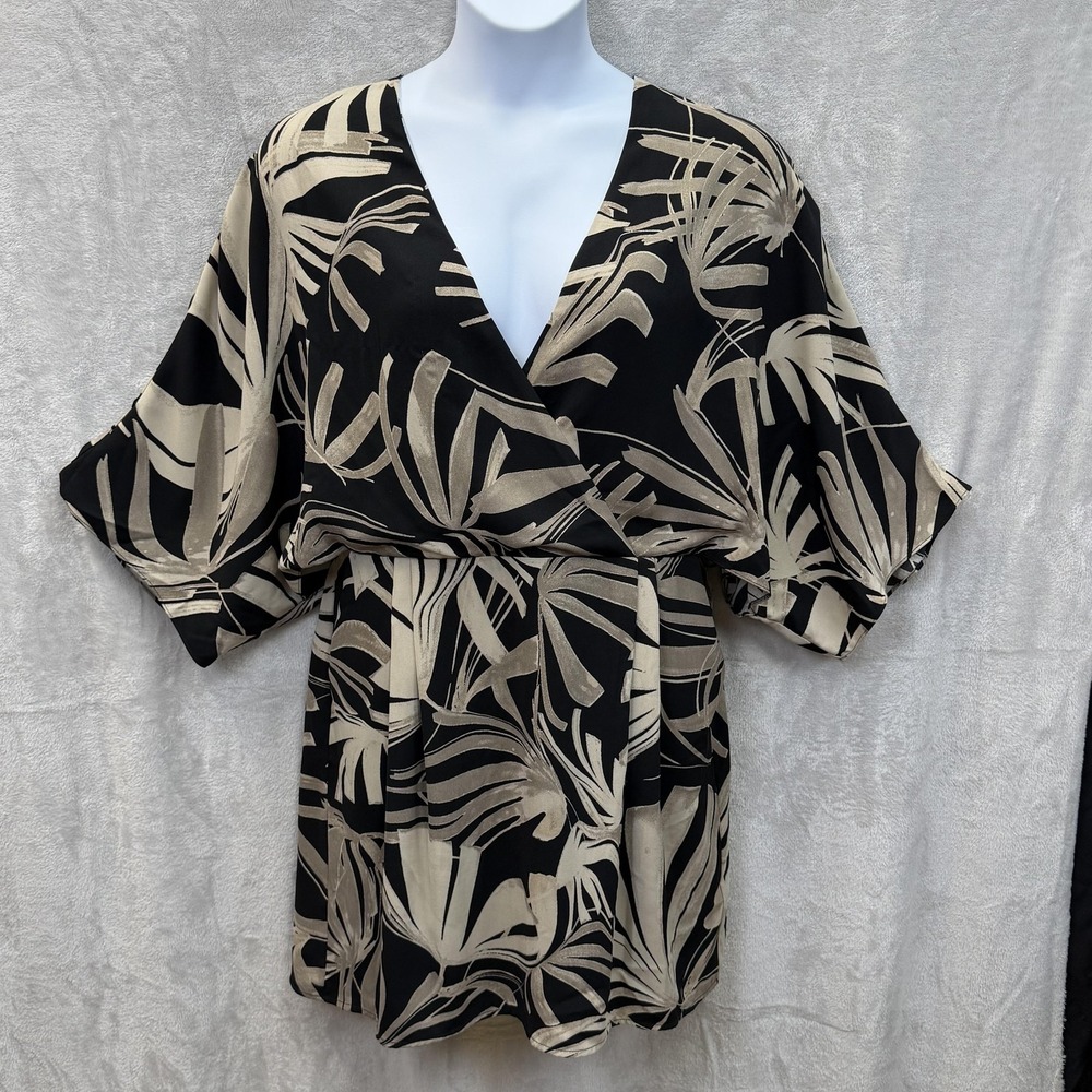 Halston Wrap Dress Womens 14 Black Palm Leaf Kimono Short Belted‎ Pockets